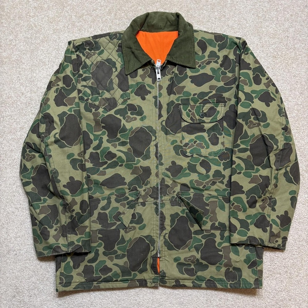 Vtg Duck Camo Hunting Jacket Mens XL Green Canvas Orange Lined Zip Talon 60s 70s